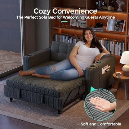 LINSY Sleeper Sofa Bed, 54" Pull Out Couch with Charging Station & Cup Holder, Small 3 in 1 Convertible Loveseat Sleeper Couch for Apartment, Dorm Room, Bedroom and Small Space, Gray - color: Dark Gray