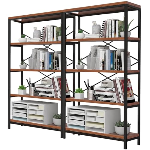 Himimi Industrial Bookshelf 5-Tier Set of 2, Bookcase 58" H Ladder Shelf, Storage Shelves Rack Shelf Unit, Accent Furniture Metal Frame, Home Office Furniture, Vintage Brown（2PCS） - size: 5 Tier-2 Pack