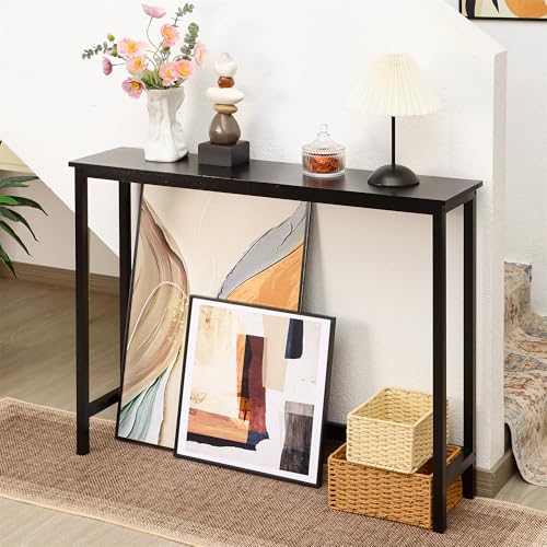 Bamboo Narrow Console Table, 39.4"(L) Wood Small Entryway Table, Accent Slim Hallway Tables, Thin Sofa Side Tables for Hallway, Living Room, Bedroom, Foyer, Black - color: Black