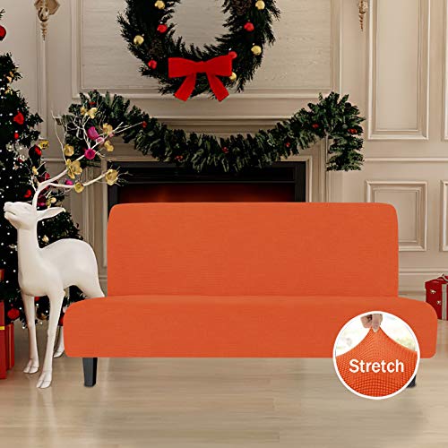 Easy-Going Stretch Futon Slipcover Armless Futon Bed Cover Furniture Protector Without Armrests with Elastic Bottom for Kids, Soft Jacquard Fabric Small Checks (Large, Orange) | Sofa Bed Furniture Protector Without Armrests with Elastic Bottom for Kids, S