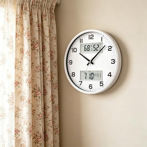 13" White Battery Powered Silent Wall Clock with Calendar Temperature and Humidity H-7326 - color: White