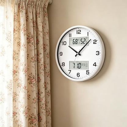 13" White Battery Powered Silent Wall Clock with Calendar Temperature and Humidity H-7326 - color: White
