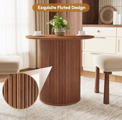 31.5" Round Dining Table for 2 People, Small Kitchen Dinner Table with Fluted Wood Base, Farmhouse Circle Dining Tables for Home, Kitchen, Dining Room, Living Room (Walnut) - color: Walnut
