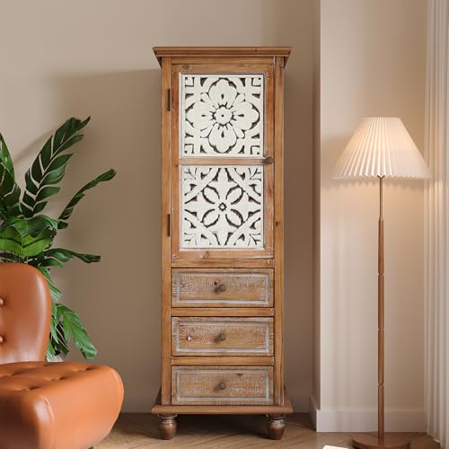 Tall Storage Cabinet with Carved Drawers, Vintage Wood Accent Cabinet, Decorative Narrow Storage Cabinet for Living Room, Entryway, Kitchen, and Hallway with 3 Drawers and 1 Door - color: Tall Narrow Brown