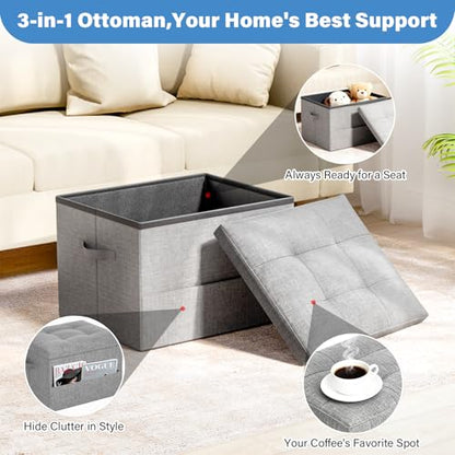Dayacoco Storage Ottoman Foot Rest Stool, Holds Up to 350lbs, 43L, Foldable | Small Ottoman with Storage, Foot Rest Stool with Thicker Foam Padded Seat, 17x13x13in, Drak Gray