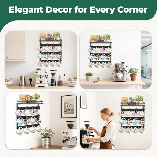EsLuker.ly Coffee Mug Holder Cup Hanger Wall Mounted Display Rack | Metal Organizer with 12 Movable Plastic Hooks, Wood Rustic Shelf for Coffee Bar Home Kitchen, Thoughtful Wall Storage, Black - style: 12 Movable Hooks Black Style