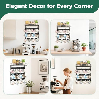 EsLuker.ly Coffee Mug Holder Cup Hanger Wall Mounted Display Rack | Metal Organizer with 12 Movable Plastic Hooks, Wood Rustic Shelf for Coffee Bar Home Kitchen, Thoughtful Wall Storage, Black - style: 12 Movable Hooks Black Style