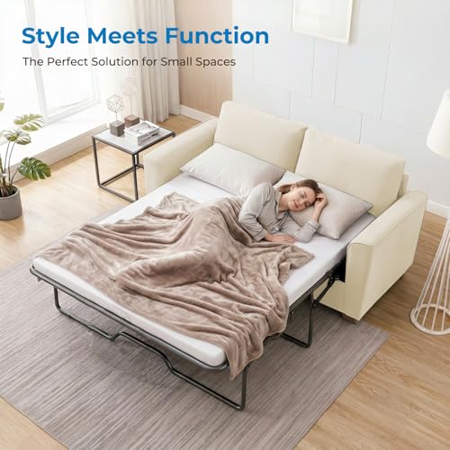 Full Size Pull Out Sleeper Sofa Bed 71" W with Memory Foam Pillows and Mattress, Convertible 2-in-1 Loveseat Sofa Sleeper Couch with Pullout Beds for Living Room Apartment Small Spaces, Beige