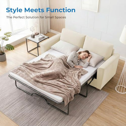 Full Size Pull Out Sleeper Sofa Bed 71" W with Memory Foam Pillows and Mattress, Convertible 2-in-1 Loveseat Sofa Sleeper Couch with Pullout Beds for Living Room Apartment Small Spaces, Beige