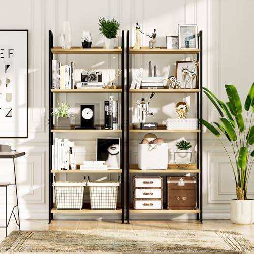 NUMENN Bookshelf, 5 Tier Bookshelves, Home Office Bookcase Shelf Storage Organizer, Free Standing Storage Shelving Unit for Bedroom, Living Room and Home Office, Natural | Metal Frame & Wood Shelves, Falling Prevention Baffle, Open Storage Bookcase for Be