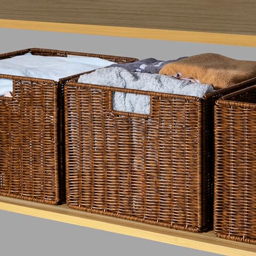 Wicker Storage Basket - Large 12x12x10in Cube, Woven Wicker for Shelves, Pantry, Kitchen & Bathroom Organization (Brown) - color: Brown