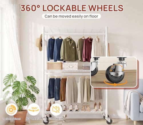 Heavy Duty Clothes Rack Load 350 LBS, Hanging Rods Clothes Rack, Black | Clothes Organizer Rack, Heavy-Duty Frame, Removable Rods, Side Hooks, Silent Casters, No Tools, Walk-In Closet, Small Space - color: WHITE, size: 45IN
