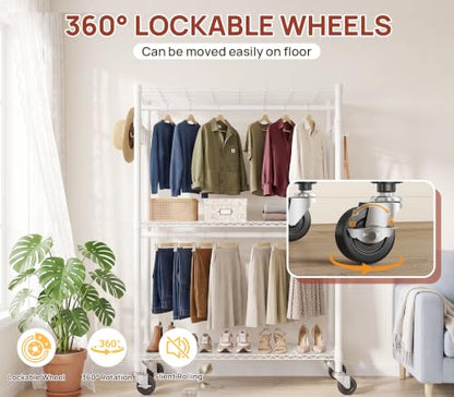 Heavy Duty Clothes Rack Load 350 LBS, Hanging Rods Clothes Rack, Black | Clothes Organizer Rack, Heavy-Duty Frame, Removable Rods, Side Hooks, Silent Casters, No Tools, Walk-In Closet, Small Space - color: WHITE, size: 45IN