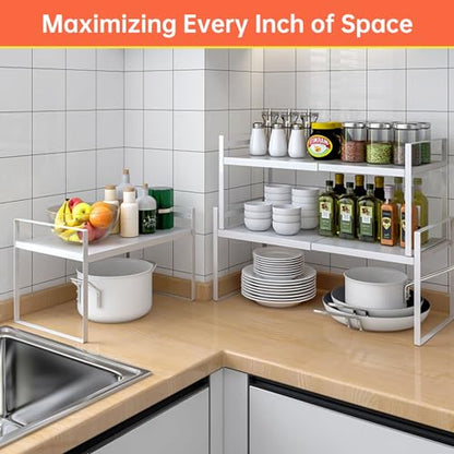 Adjustable Kitchen Shelf Organizer 9", (2 Pack) Heavy-Duty Cabinet Shelves for Countertop, Pantry & Microwave, Expandable Space-Saving Storage Rack with Non-Slip Pads, White - color: 9" wide ( 2 PACK)