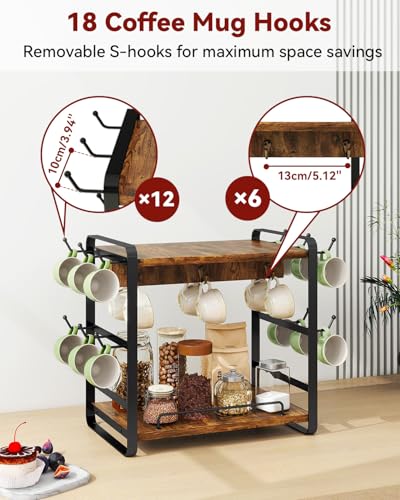 IBUYKE Kitchen Mug Cup Holder,2 Tier Coffee Bar Organizer,Brown TBJ006H | Coffee Bar Station Countertop Organizer Coffee Mug Stand with 18 Hooks,Multifunctional Mug Tree for Home Kitchen Office - color: Rustic Brown