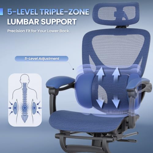 MALOL Ergonomic Mesh Office Chair with Footrest, Executive High Back Computer Desk Chair with 3D Adjustable Headrest & 5-Level Lumbar Support, Track Armrest, Tilt Lock, 300LBS, Blue - color: Blue
