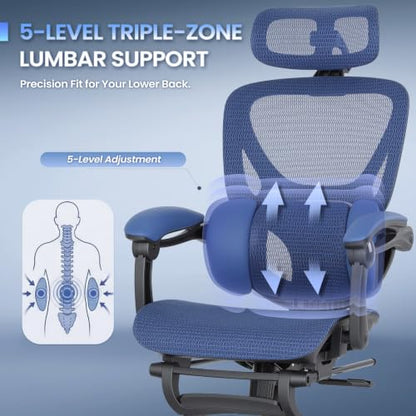 MALOL Ergonomic Mesh Office Chair with Footrest, Executive High Back Computer Desk Chair with 3D Adjustable Headrest & 5-Level Lumbar Support, Track Armrest, Tilt Lock, 300LBS, Blue - color: Blue