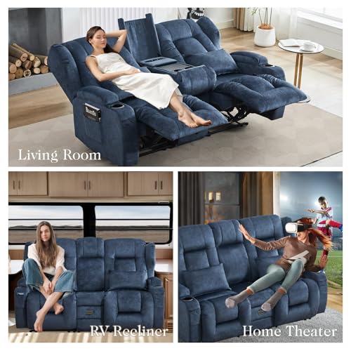 Loveseat Recliner Sofa,RV Wall Hugger Recliners with Flip-up Console,Reclining Loveseat Sofa Recliner with Cup Holders/Lumbar Pillows for Small Spaces,RV Furniture (Blue,68" 2-Seater) - color: Blue, size: 68" 2-Seater