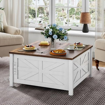 31.5" Lift Top Coffee Table, Farmhouse Coffee Table with Charging Station and Storage, 2 AC Outlets and 2 USB Ports, White and Walnut MKF02UWAN1