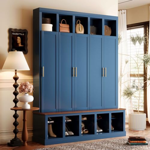 76’’H Farmhouse Hall Tree Cabinet with Shoe Storage Bench, Navy Blue | 59’’W Vertical Entryway Organizer with Doors, Shoe Rack, Open Cubbies & 5 Coat Hooks for Hallway Living Room Mudroom - color: Navy Blue, size: 59.05''W x 15.43''D x 75.98''H