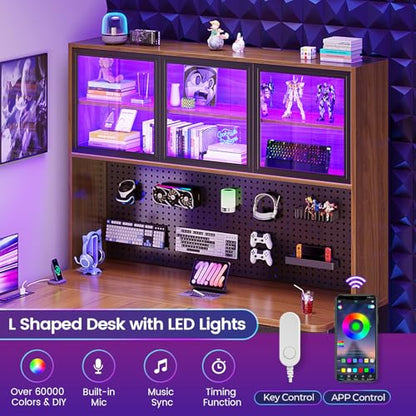 SEDETA L Shaped Computer Office Desk with 3 Wood Drawer and Large Bookshelf | L Shaped Corner Gaming Desk with LED Light, Display Cabinet and Pegboard, 27.5" W Large Desktop Table, Brown - color: Brown