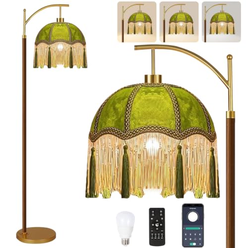 ILLMTW Green Floor Lamp for Living Room,Bedroom,Fringe Standing Lamp with Remote Dimmable,Victorian Mid Century Gold Arc Tall Lamp Boho Vintage Retro Wood Tassel Flower Unique Lamp Tiffany Decor - size: Floor Lamp-39