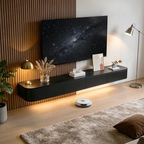 Floating TV Stand Wall Mounted Floating Entertainment Center 47-118 in with LED and Drawers & Cable Management, Modern Wood Media Console Under TV for Living Room Bedroom and Home(Black,47.2IN) - color: Black, size: 47.2IN