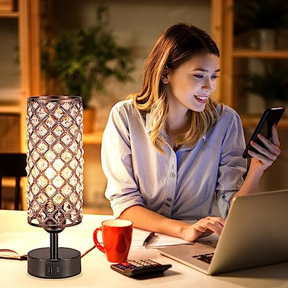Black Crystal Touch Lamp with USB-C/A, 3-Dim Dimmable for Bedroom, Modern | Table Lamp, Bedside Lamp, Small Touch Light for Living Room Bedroom, Charge Phone, Bulb Included, Crystal Lampshade - color: Black