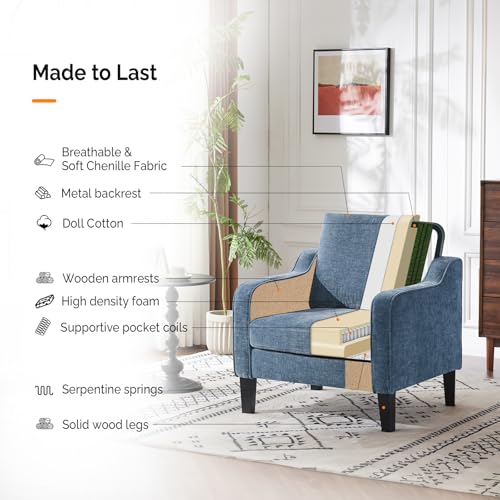 VINGLI Chair Navy Blue Upholstered Chenille Accent Chair for Living Room, Bedroom, Mid-Century Modern Arm Chair Comfy Reading Chair with Scooped Arms - color: Navy Blue
