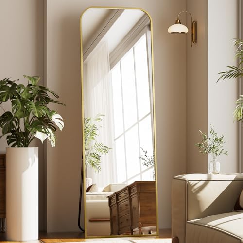 Full Length Mirror 56"x21" Arched Floor Standing Large Mirrors | Full Body Mirror with Stand - with Aluminum Frame for Bedroom Living Room, Gold - color: Gold, size: 56"L x 21"W