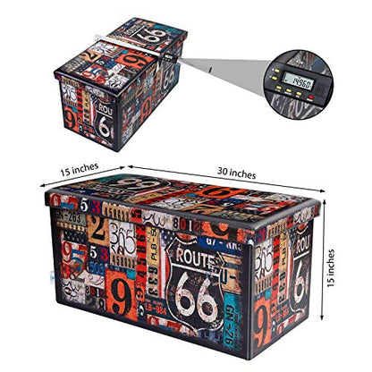 B FSOBEIIALEO Folding Storage Ottoman Cube Bench with Faux Leather Ottomans Footrest Seat, Coffee Table Route 66