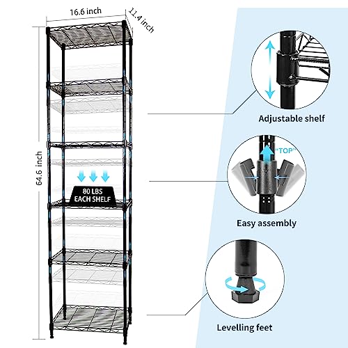 SUNLPH 6-Tier Wire Shelving Adjustable Shelves Unit Metal Storage Rack for Laundry Bathroom Kitchen Pantry Closet Organization (Black, 16.6" L x 11.4" W x 64.6" H)