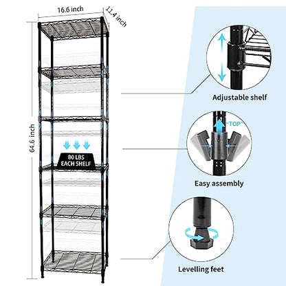SUNLPH 6-Tier Wire Shelving Adjustable Shelves Unit Metal Storage Rack for Laundry Bathroom Kitchen Pantry Closet Organization (Black, 16.6" L x 11.4" W x 64.6" H)