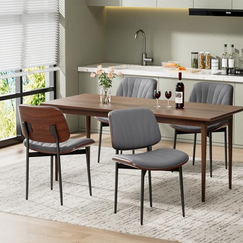 Dining Chairs Set of 2, Mid-Century Modern Upholstered PU Leather Chairs | with Walnut Back and Metal Legs Adjustable Feet for Kitchen Dining Room, Dark Gray Shell Strips - color: Dark Gray Shell Strips
