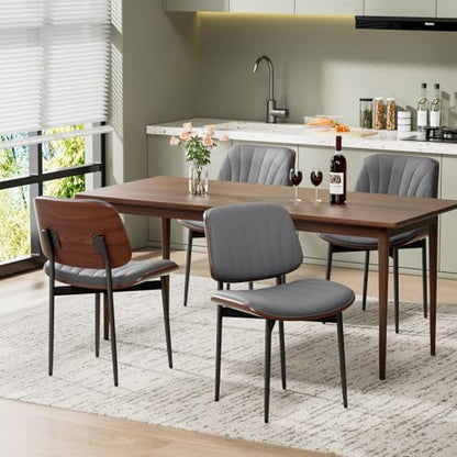 Dining Chairs Set of 2, Mid-Century Modern Upholstered PU Leather Chairs | with Walnut Back and Metal Legs Adjustable Feet for Kitchen Dining Room, Dark Gray Shell Strips - color: Dark Gray Shell Strips