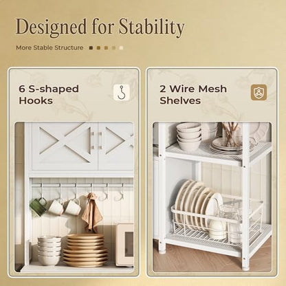 Huuger Large Bakers Rack with Power Outlet, Kitchen Microwave Stand with Cabinets, Coffee Bar Table Station with Storage, 6 S-Shaped Hooks, Mesh Shelves, 45 Inch Wooden Top, White - color: White