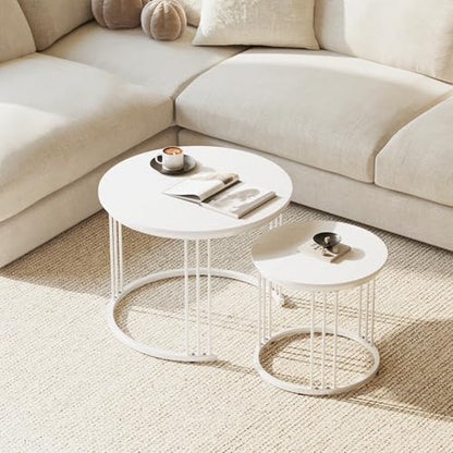 Nesting Coffee Table, 23.6" Round Coffee Table Set of 2, Wooden Nesting Table with Metal Frame, Ceter Tables for Living Room Bedroom Balcony, White - color: White