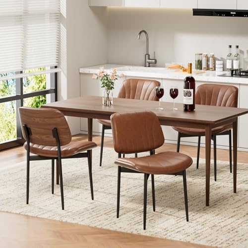 Dining Chairs Set of 2, Mid-Century Modern Upholstered PU Leather Chairs | with Walnut Bentwood Back and Metal Legs Adjustable Feet for Kitchen Dining Room, Camel Shell Strips - color: Camel Shell Strips