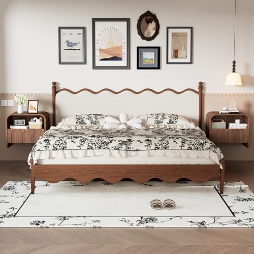 Floating Nightstand Set of 2, Wall Mounted Nightstand with Drawer | Bedside Table, Small Night Stand, with Open Storage Shelf, for Bedroom, Modern, Walnut