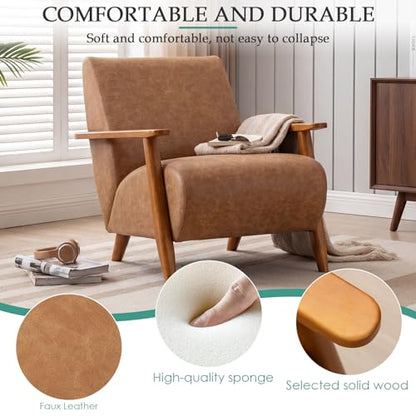 Home Accent Chair Mid Century Modern Accent Chair with Wood Frame, Faux Leather Upholstered Armchair, Reading Chair, for Living Room, Bedroom,Office,Comfy Guest Waiting Room Chairs Brown - color: Brown, size: Faux Leather