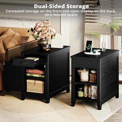 IRONCK End Table with Charging Station, Narrow Side Table, Black | Bedside table. Farmhouse nightstand with drawer, cabinet, flip-top, and cup holder, wood grain, for home - color: Black