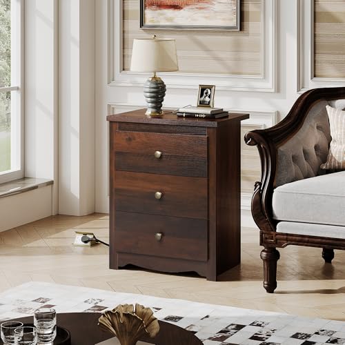 WLIVE Tall Nightstand with Charging Station, Wood Night Stand with 3 Drawers Storage, Bedside Table End Side Tables with 2 USB Ports and Outlets for Bedroom, Closet, Espresso | 3 Drawers Storage, Power Outlets(2AC+2USB), Easy Assembly, Premium Eco-friendl
