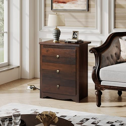 WLIVE Tall Nightstand with Charging Station, Wood Night Stand with 3 Drawers Storage, Bedside Table End Side Tables with 2 USB Ports and Outlets for Bedroom, Closet, Espresso | 3 Drawers Storage, Power Outlets(2AC+2USB), Easy Assembly, Premium Eco-friendl