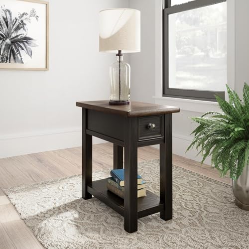 Signature Design by Ashley Narrow Chairside End Table with Charging Station | Smooth-gliding remote drawer, Lower display shelf, Rustic 2-tone finish, Tyler Creek Series - color: Black