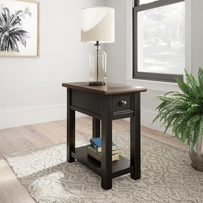 Signature Design by Ashley Narrow Chairside End Table with Charging Station | Smooth-gliding remote drawer, Lower display shelf, Rustic 2-tone finish, Tyler Creek Series - color: Black