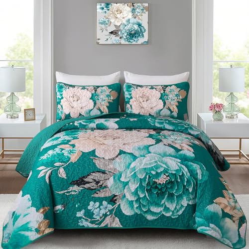 WONGS BEDDING Quilt Queen Size, 3 Pcs Teal Boho Floral Bedspread Bedding | Reversible Botanical Coverlet with 2 Shams, Soft Microfiber Lightweight Plant Farmhouse Bed Cover Set for All Season, 96"x90" - color: Teal, size: Queen 90"×96"