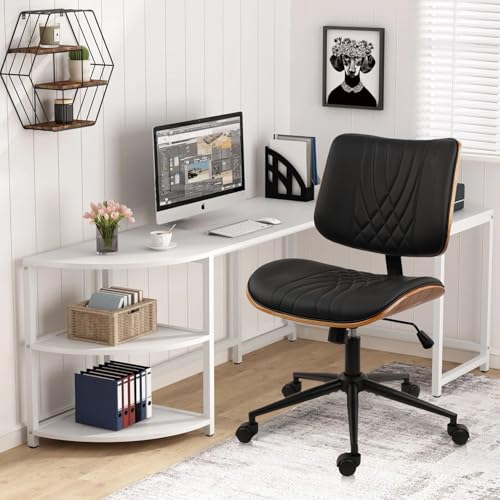 CLATINA Armless Home Office Chair, Desk Chair with Wheels, Adjustable Height Reading Chair, Leather Mid Back & Swivel Computer Chair, Modern Walnut Chairs with Back for Studio Meeting Room(Black) - color: Black Diamond-a, size: 1 Pack