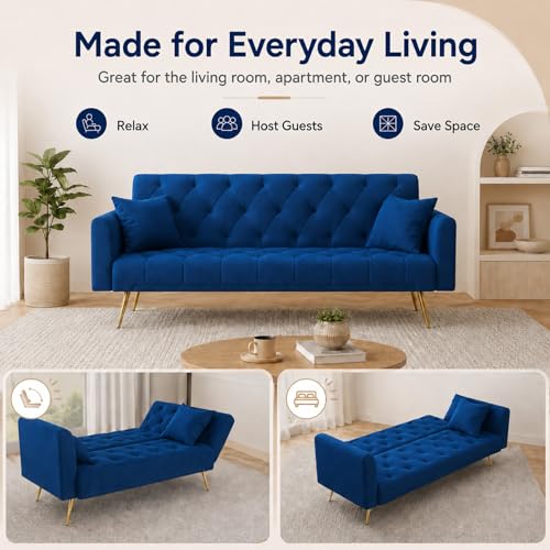 Majnesvon 71" Convertible Folding Sleeper Sofa Couch,Modern Velvet Loveseat Sleeper with 2 Pillows, Futon Sofa Bed with Mattress and Frame for Living Room,Bedroom,Small Space (Blue) - color: Blue