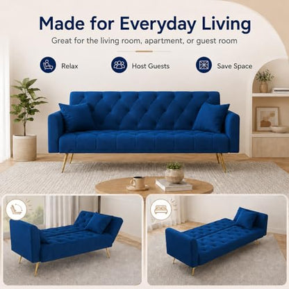 Majnesvon 71" Convertible Folding Sleeper Sofa Couch,Modern Velvet Loveseat Sleeper with 2 Pillows, Futon Sofa Bed with Mattress and Frame for Living Room,Bedroom,Small Space (Blue) - color: Blue