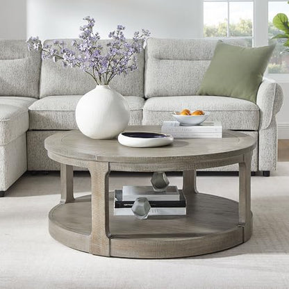 40" Round Wood Coffee Table, 2 Tier Modern Center Table with Roller Wheels,Solid Wood+MDF, Easy Assembly, Accent Table for Living Room, Apartment, Small Space. (Light Brown) - color: Light Brown